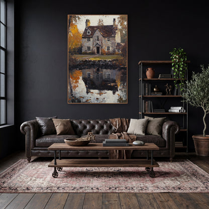 Golden Cottage Lawn Rustic Autumn wall art in a moody dark academia room – gray stone cottage with chimneys reflected