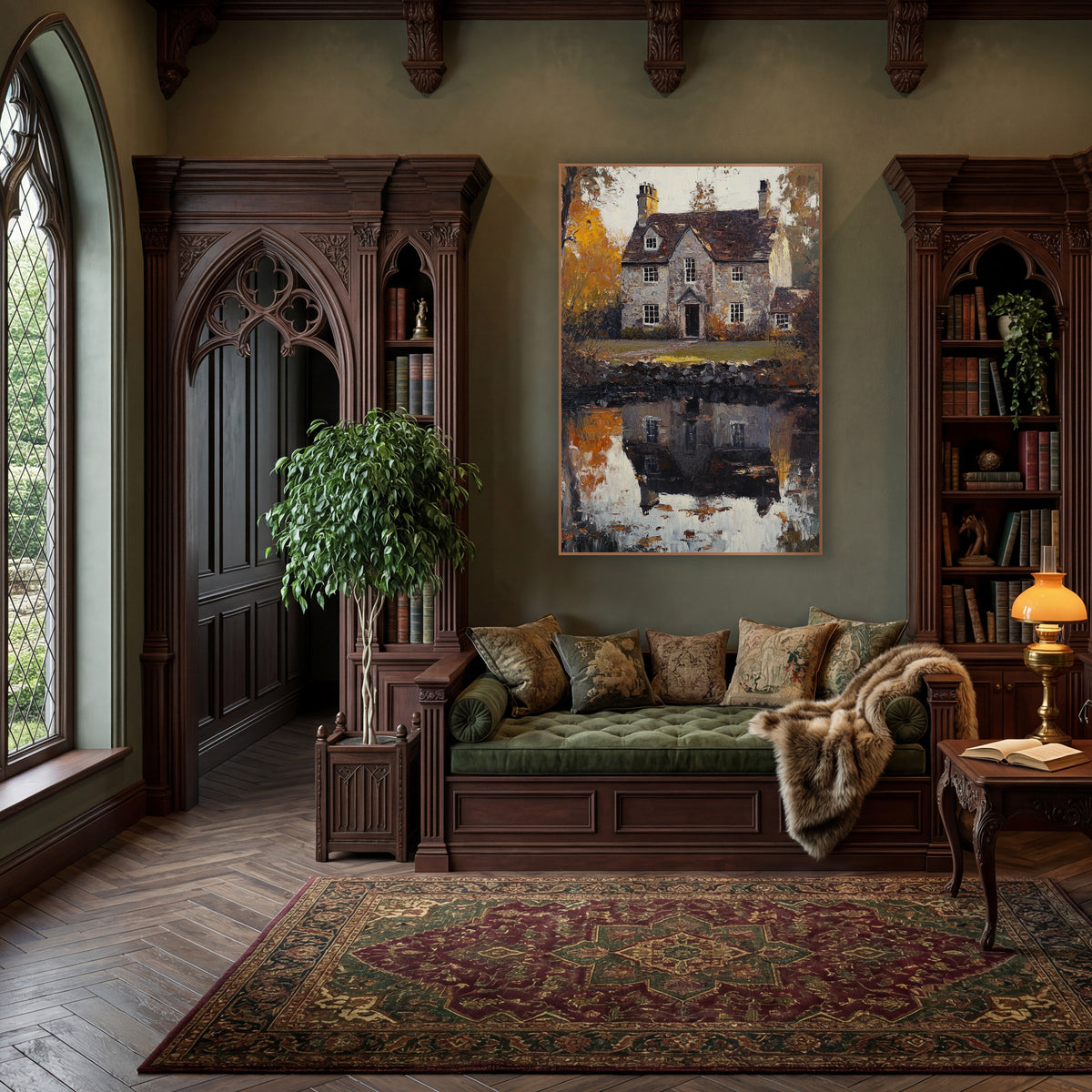 Golden Cottage Lawn Rustic Autumn wall art in a moody dark academia room – gray stone cottage with chimneys reflected
