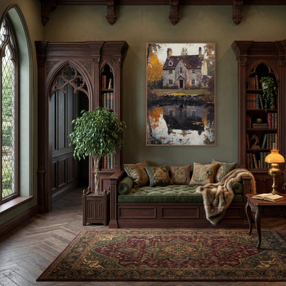Golden Cottage Lawn Rustic Autumn wall art in a moody dark academia room – gray stone cottage with chimneys reflected