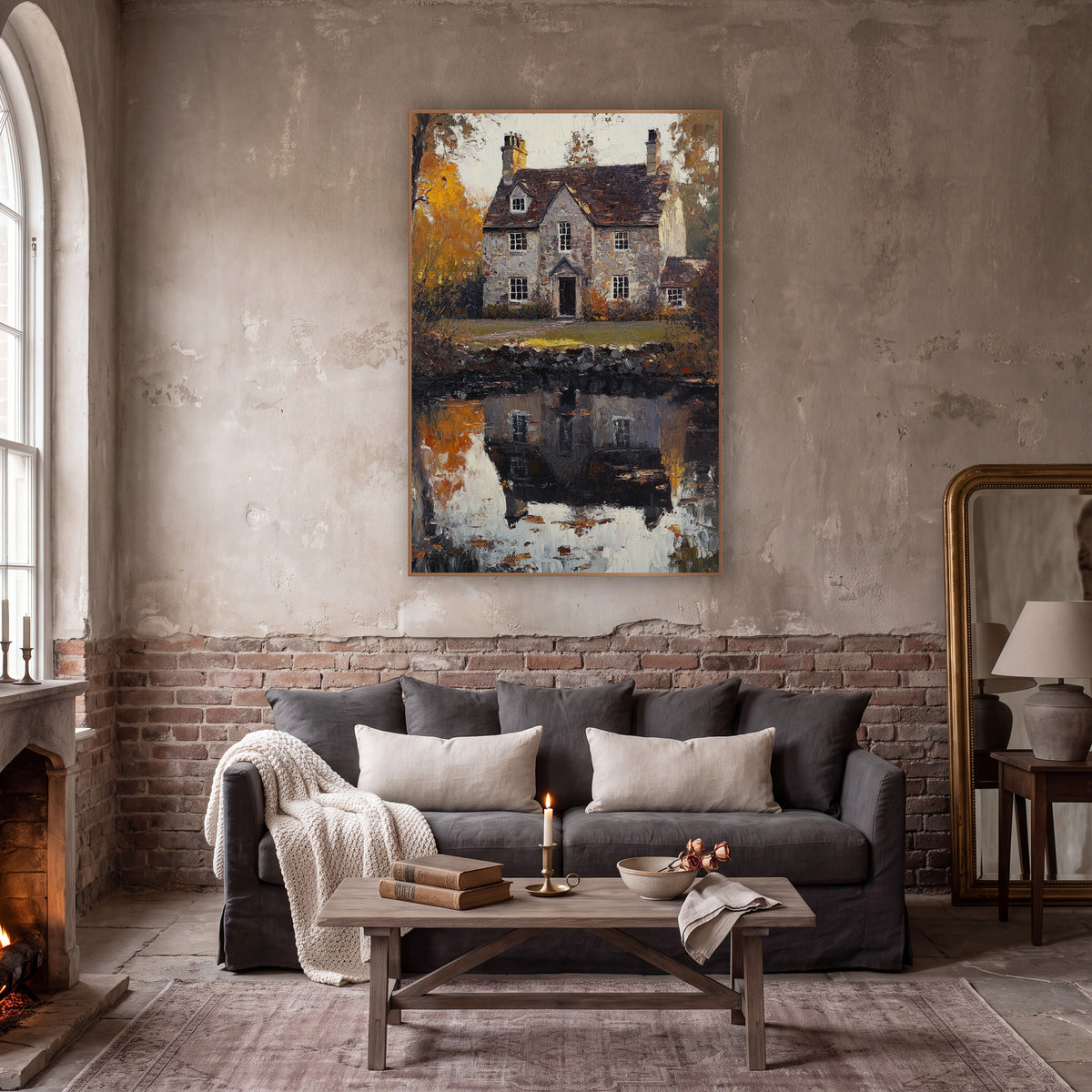 Golden Cottage Lawn Rustic Autumn wall art in a moody dark academia room – gray stone cottage with chimneys reflected
