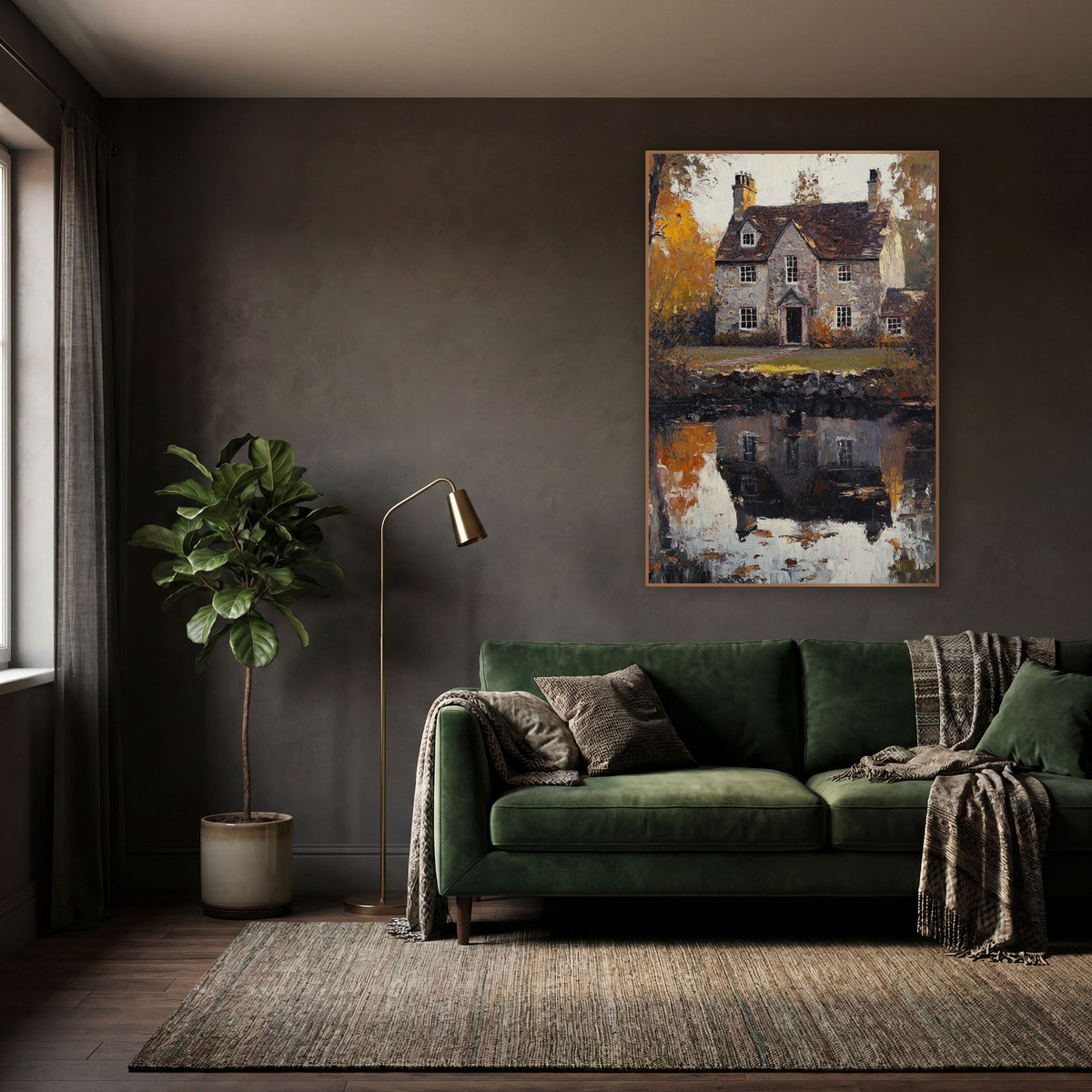 Golden Cottage Lawn Rustic Autumn wall art in a moody dark academia room – gray stone cottage with chimneys reflected