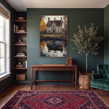 Golden Cottage Lawn Rustic Autumn wall art in a moody dark academia room – gray stone cottage with chimneys reflected