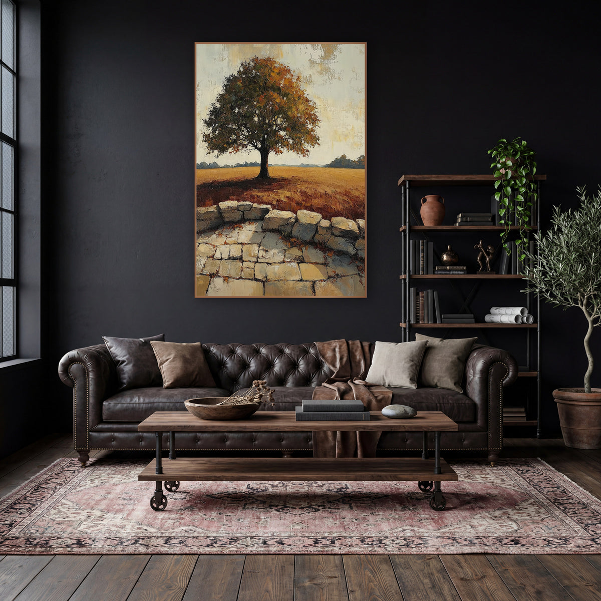 Lone Oak Cobblestone Terrace Rustic wall art in a moody dark academia room – lone tree with rust and olive leaves
