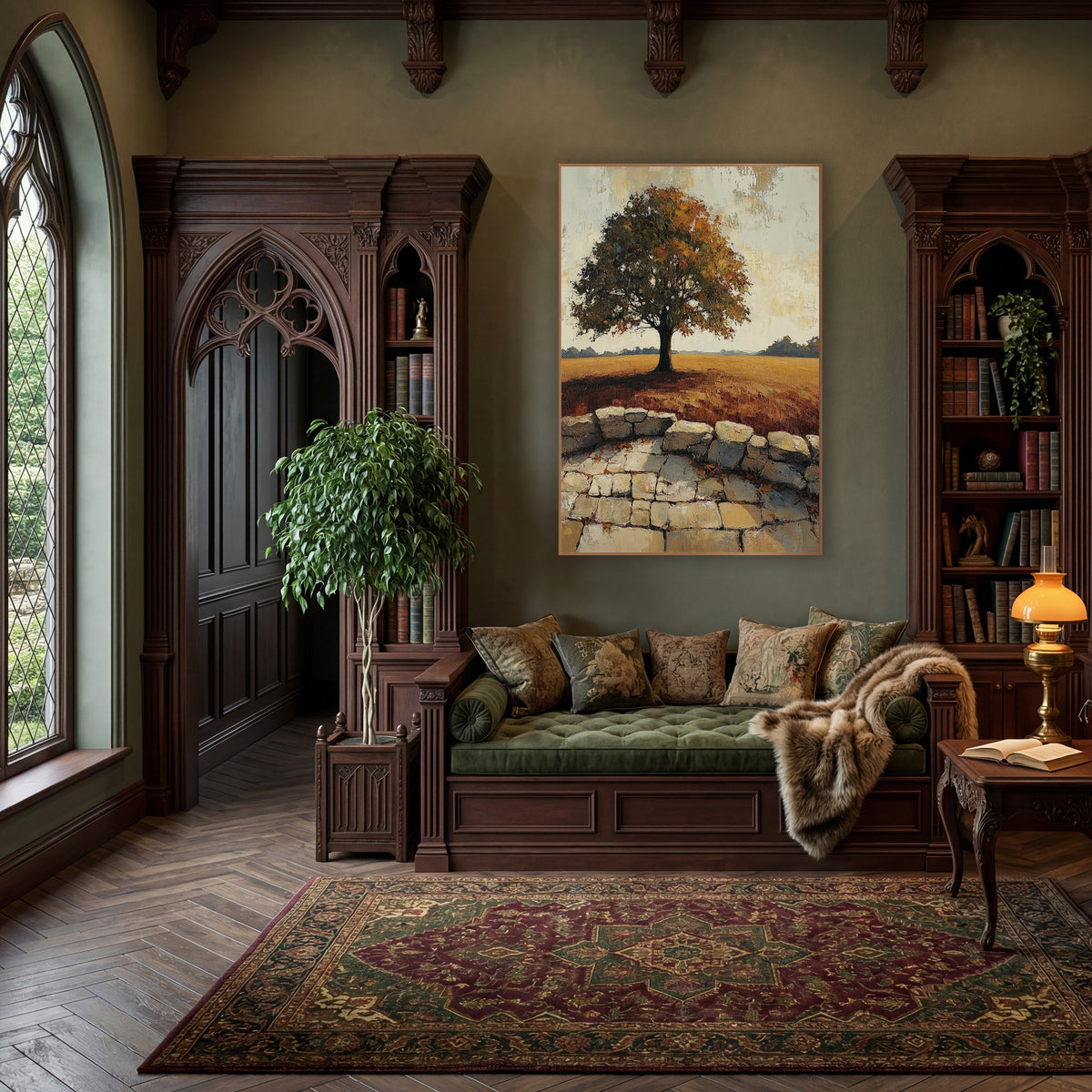 Lone Oak Cobblestone Terrace Rustic wall art in a moody dark academia room – lone tree with rust and olive leaves