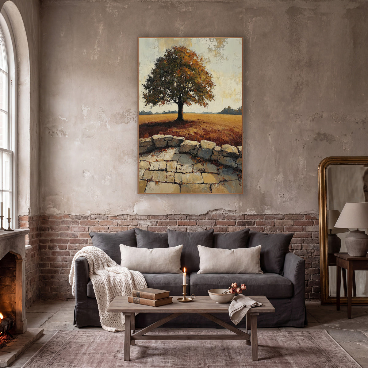 Lone Oak Cobblestone Terrace Rustic wall art in a moody dark academia room – lone tree with rust and olive leaves
