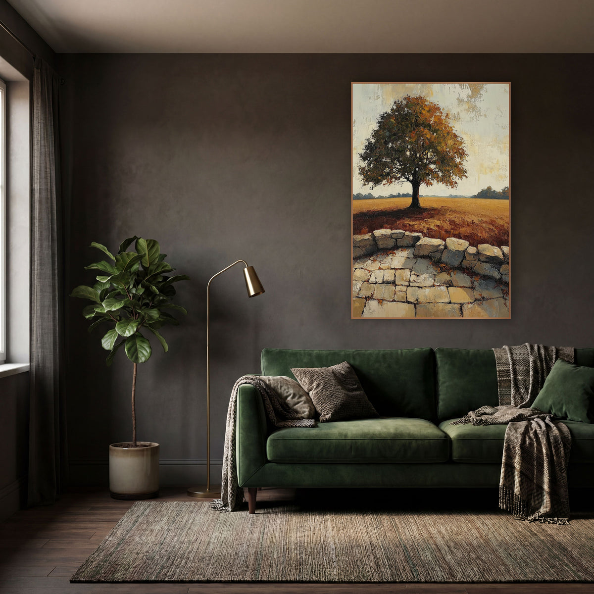 Lone Oak Cobblestone Terrace Rustic wall art in a moody dark academia room – lone tree with rust and olive leaves