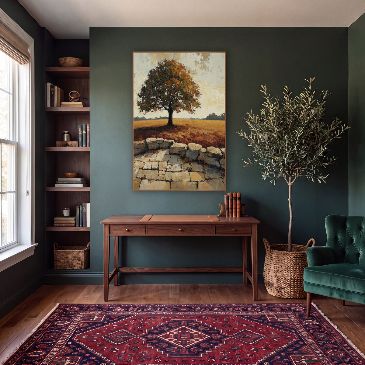 Lone Oak Cobblestone Terrace Rustic wall art in a moody dark academia room – lone tree with rust and olive leaves