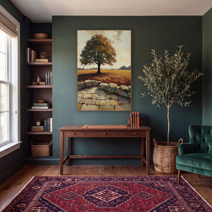 Lone Oak Cobblestone Terrace Rustic wall art in a moody dark academia room – lone tree with rust and olive leaves