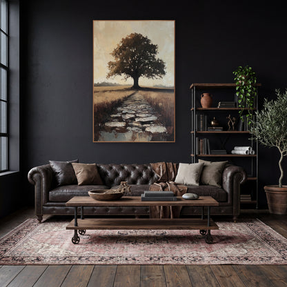 Lone Tree Stone Path Landscape wall art in a moody dark academia room – lone dark tree at the end of a stone path