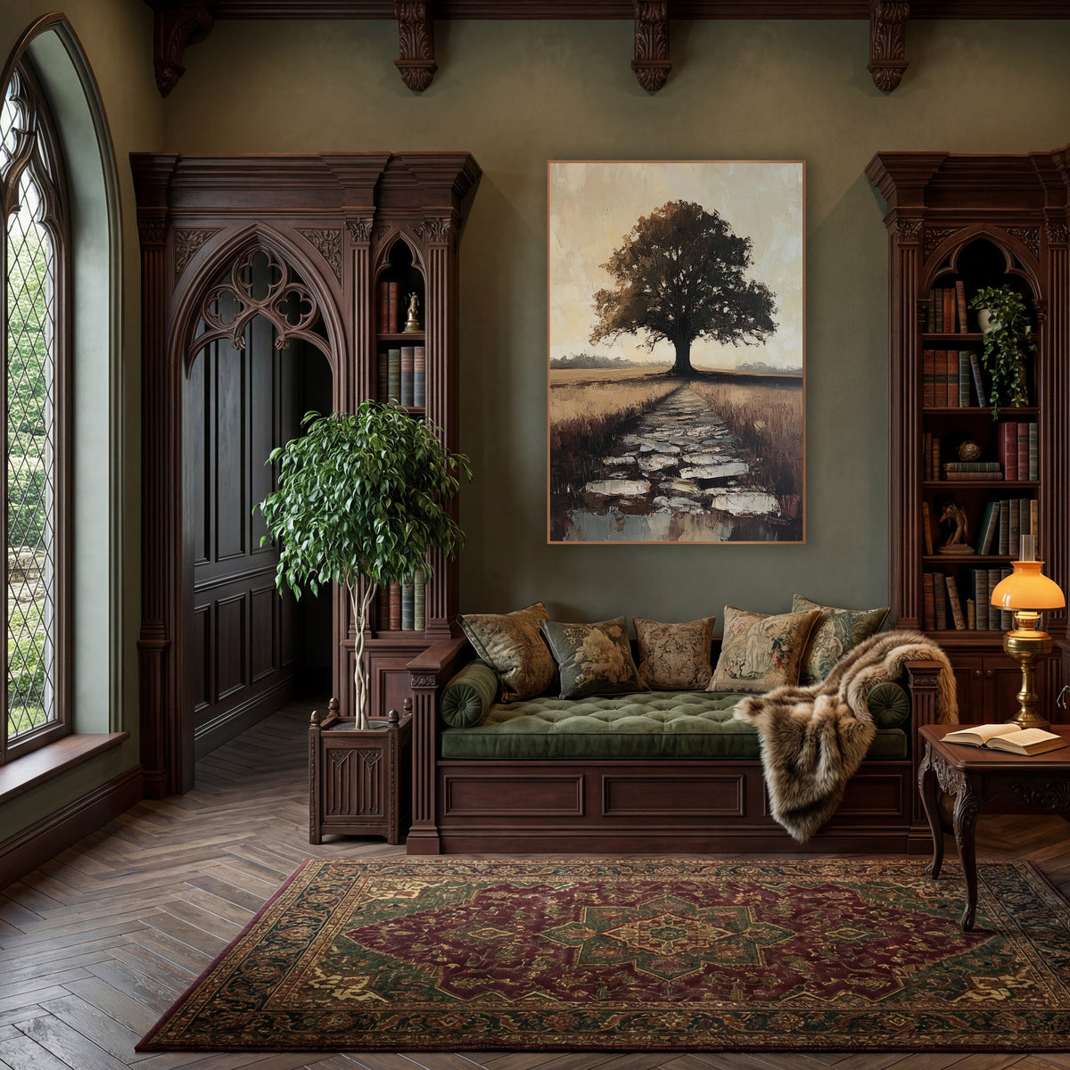 Lone Tree Stone Path Landscape wall art in a moody dark academia room – lone dark tree at the end of a stone path