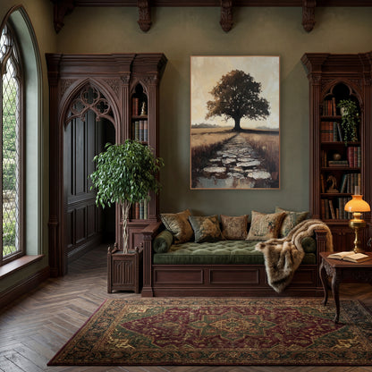 Lone Tree Stone Path Landscape wall art in a moody dark academia room – lone dark tree at the end of a stone path