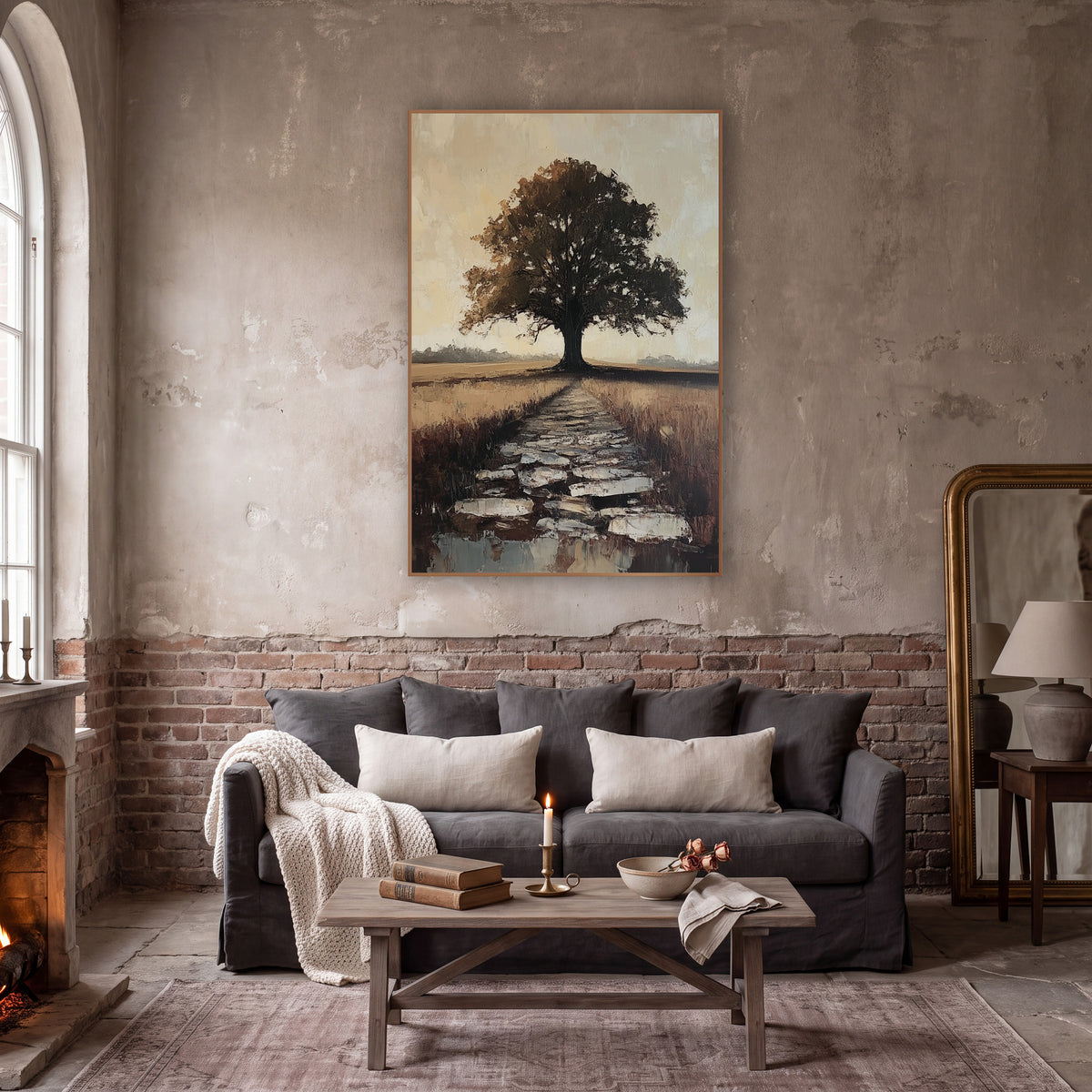 Lone Tree Stone Path Landscape wall art in a moody dark academia room – lone dark tree at the end of a stone path