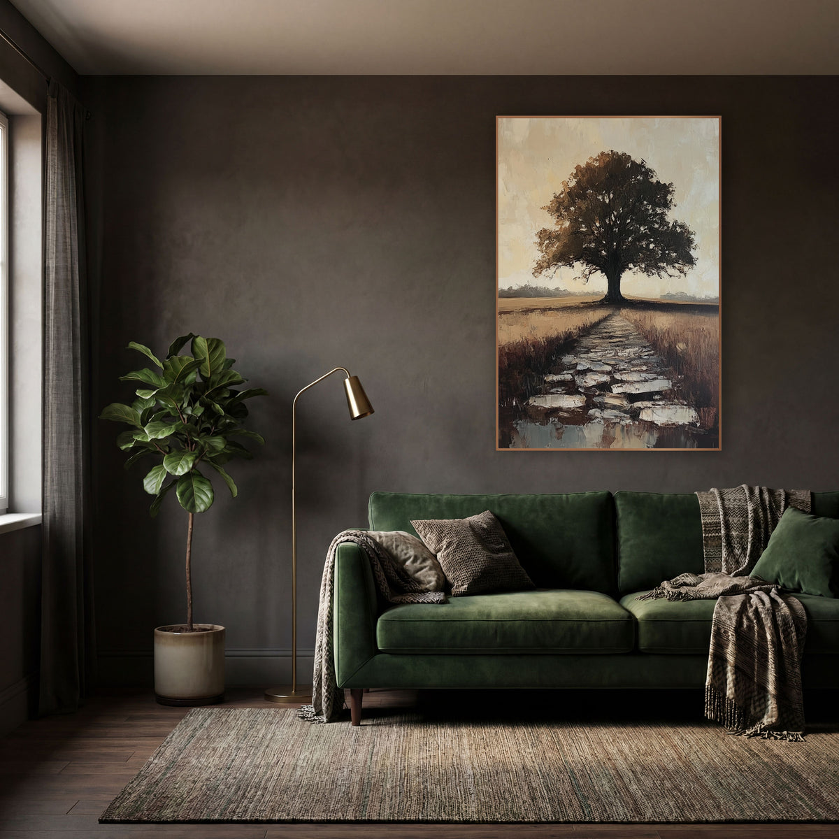 Lone Tree Stone Path Landscape wall art in a moody dark academia room – lone dark tree at the end of a stone path