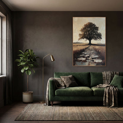 Lone Tree Stone Path Landscape wall art in a moody dark academia room – lone dark tree at the end of a stone path