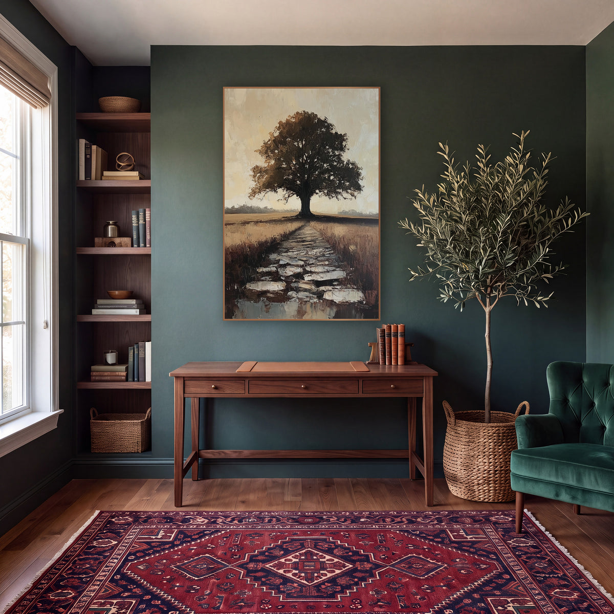 Lone Tree Stone Path Landscape wall art in a moody dark academia room – lone dark tree at the end of a stone path