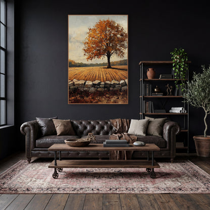 Orange Maple Furrowed Field Farmhouse wall art in a moody dark academia room – lone tree with orange autumn leaves