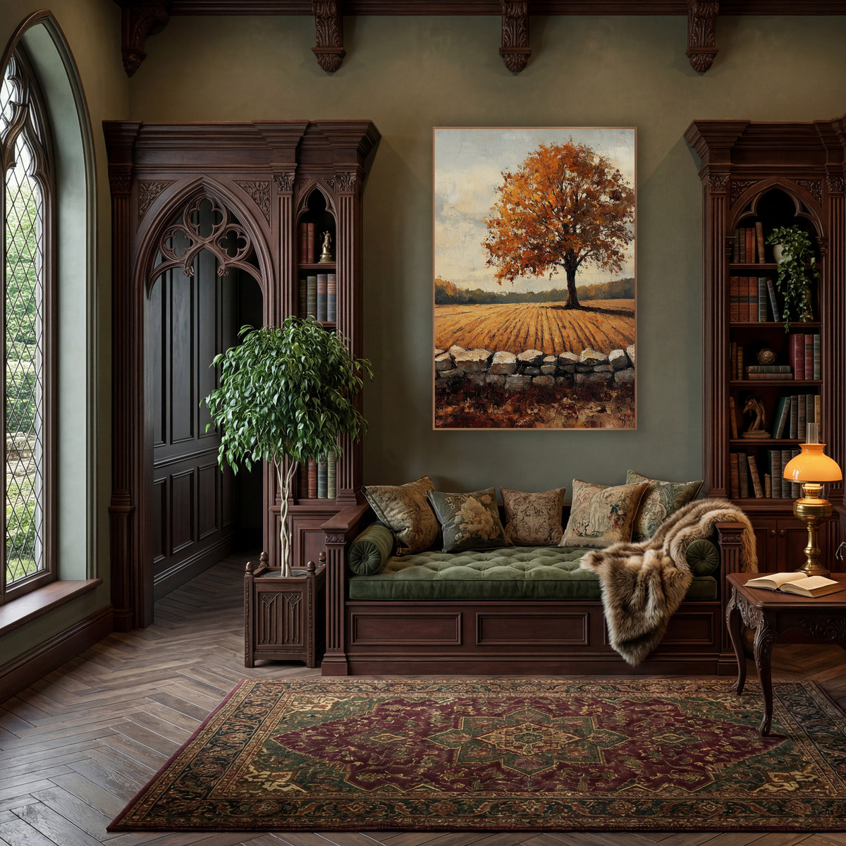 Orange Maple Furrowed Field Farmhouse wall art in a moody dark academia room – lone tree with orange autumn leaves