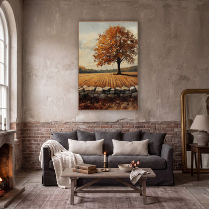 Orange Maple Furrowed Field Farmhouse wall art in a moody dark academia room – lone tree with orange autumn leaves