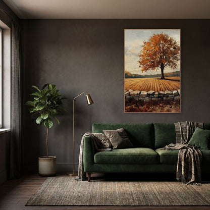 Orange Maple Furrowed Field Farmhouse wall art in a moody dark academia room – lone tree with orange autumn leaves