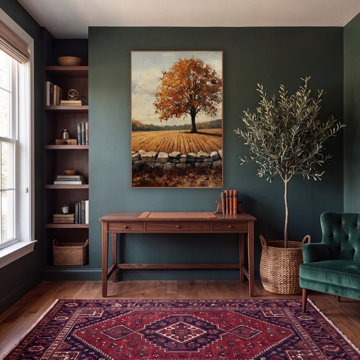 Orange Maple Furrowed Field Farmhouse wall art in a moody dark academia room – lone tree with orange autumn leaves