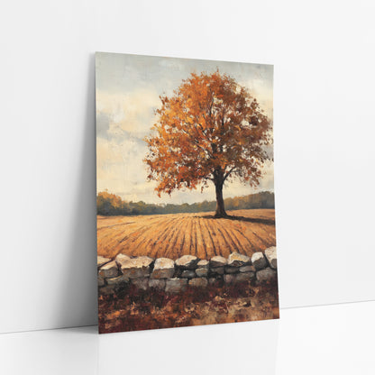 Orange Maple Furrowed Field Farmhouse art print leaning against a white wall – lone tree with orange autumn leaves above