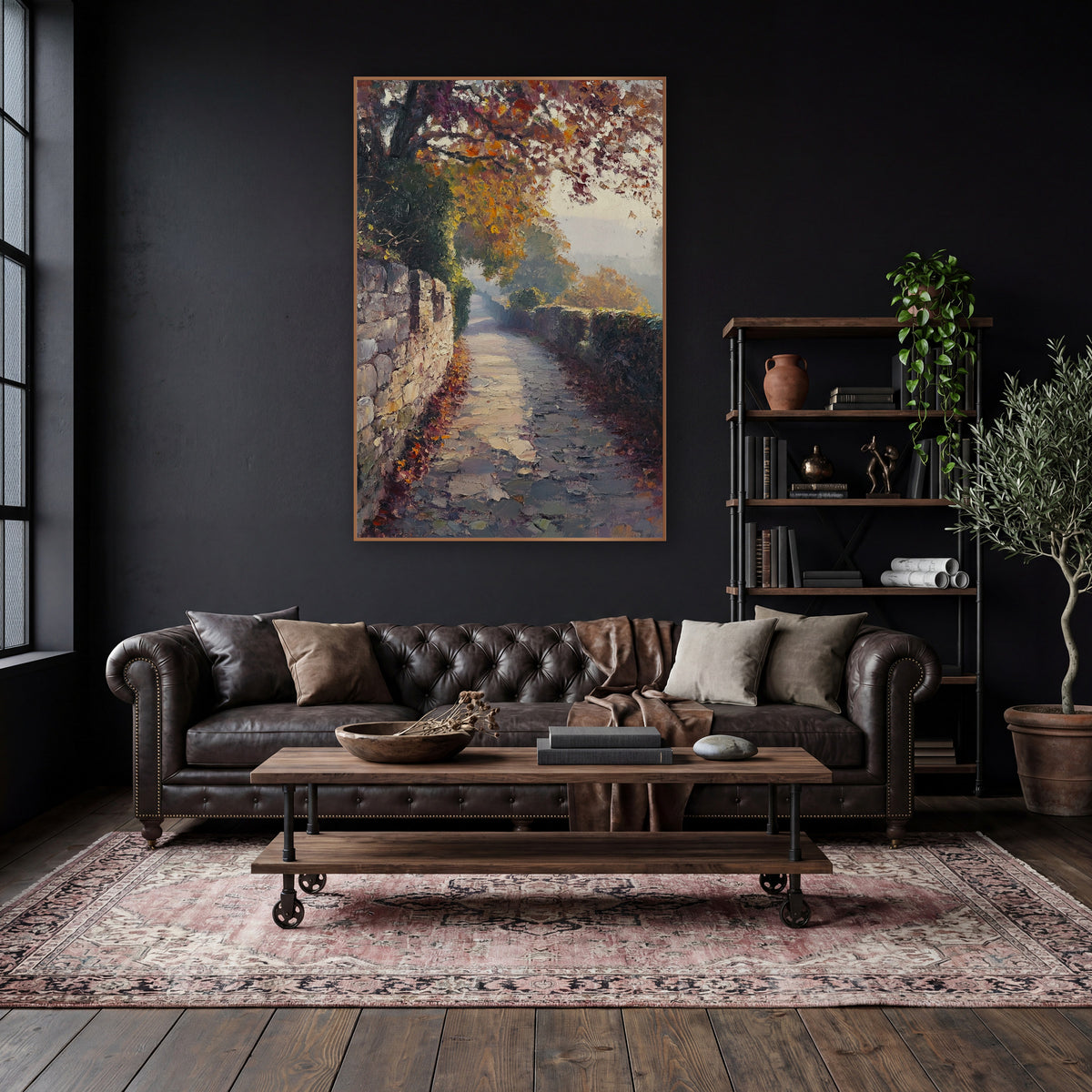 Misty Autumn Stone Path Landscape wall art in a moody dark academia room – autumn landscape of a paved path between