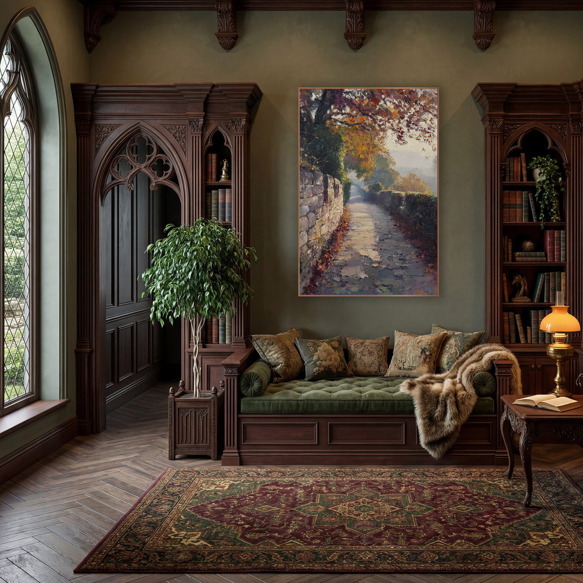 Misty Autumn Stone Path Landscape wall art in a moody dark academia room – autumn landscape of a paved path between