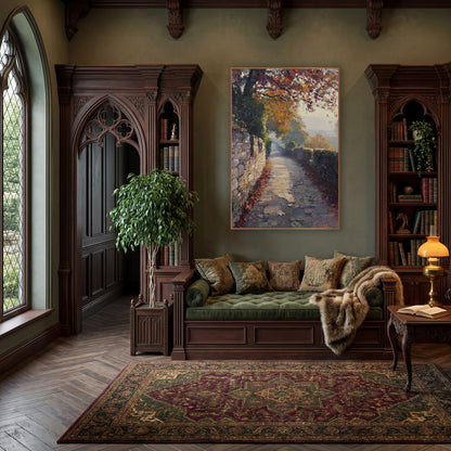 Misty Autumn Stone Path Landscape wall art in a moody dark academia room – autumn landscape of a paved path between