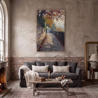 Misty Autumn Stone Path Landscape wall art in a moody dark academia room – autumn landscape of a paved path between