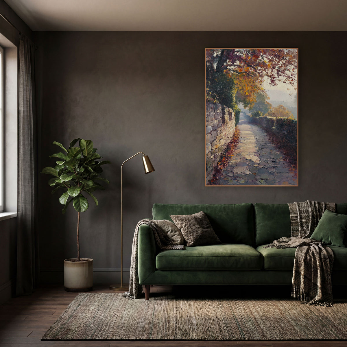 Misty Autumn Stone Path Landscape wall art in a moody dark academia room – autumn landscape of a paved path between