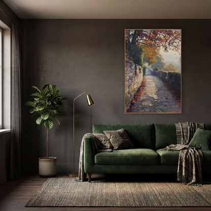 Misty Autumn Stone Path Landscape wall art in a moody dark academia room – autumn landscape of a paved path between