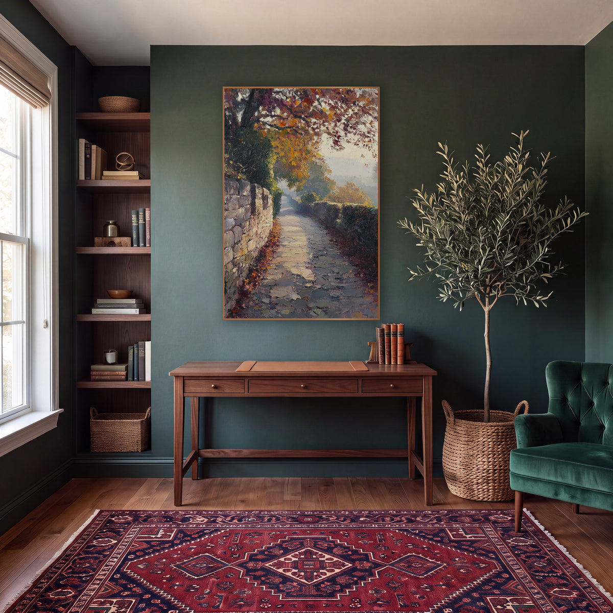 Misty Autumn Stone Path Landscape wall art in a moody dark academia room – autumn landscape of a paved path between