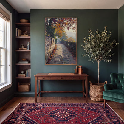Misty Autumn Stone Path Landscape wall art in a moody dark academia room – autumn landscape of a paved path between