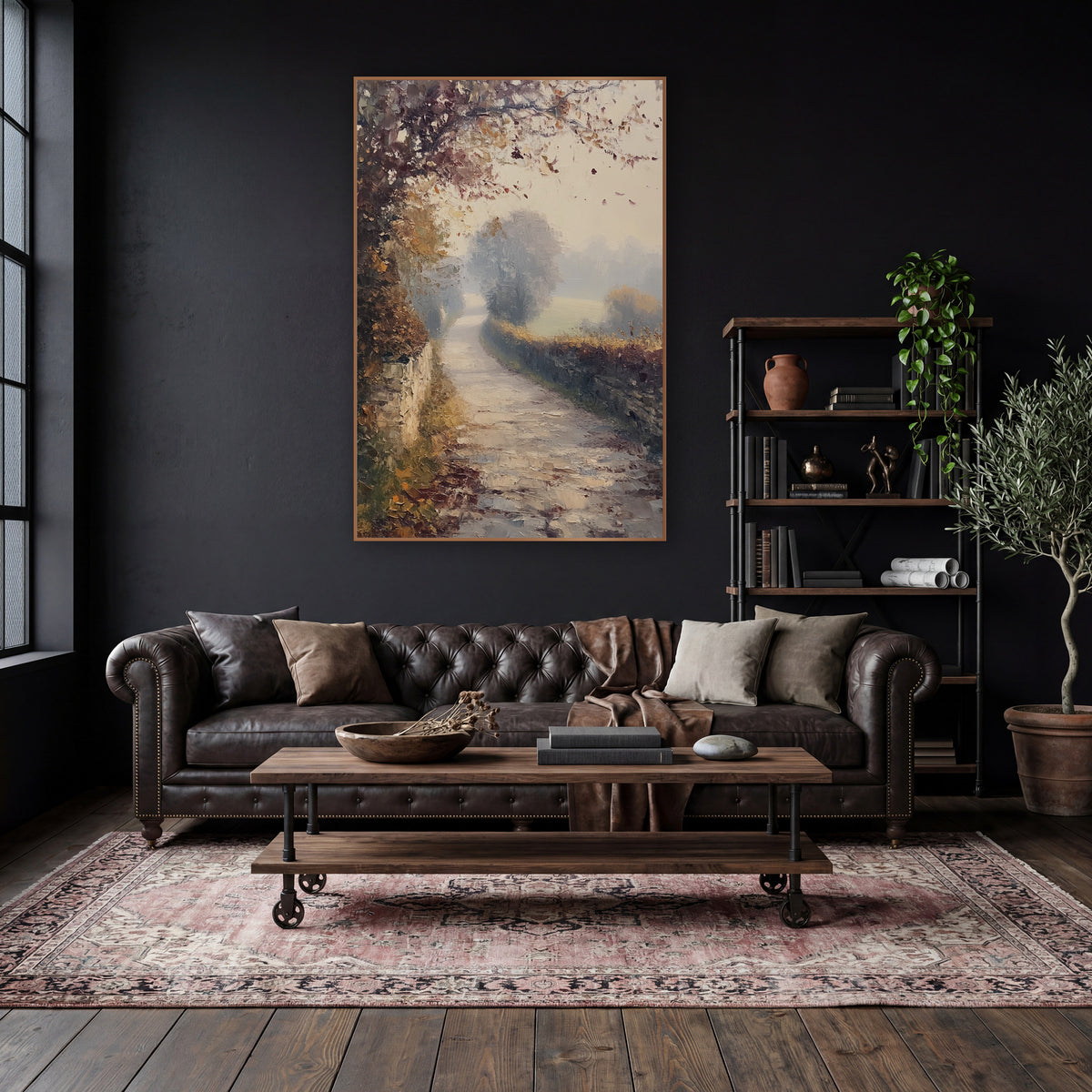 Misty Autumn Country Lane Landscape wall art in a moody dark academia room – misty autumn country lane curving between