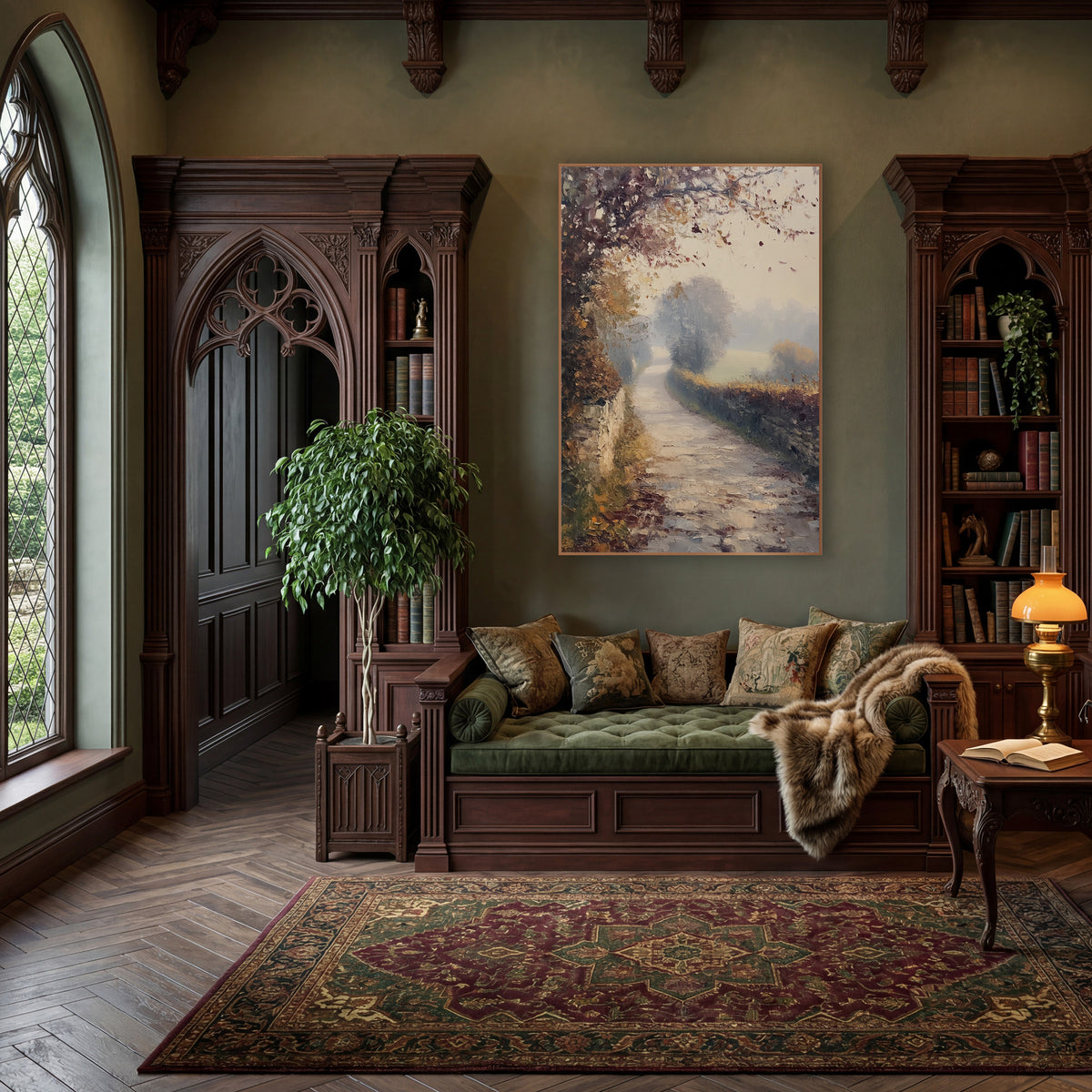 Misty Autumn Country Lane Landscape wall art in a moody dark academia room – misty autumn country lane curving between
