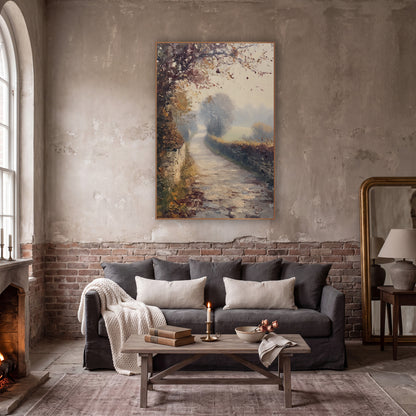 Misty Autumn Country Lane Landscape wall art in a moody dark academia room – misty autumn country lane curving between
