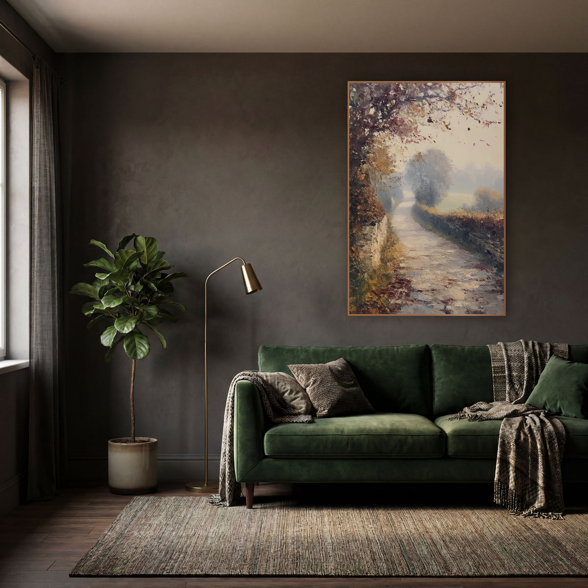 Misty Autumn Country Lane Landscape wall art in a moody dark academia room – misty autumn country lane curving between