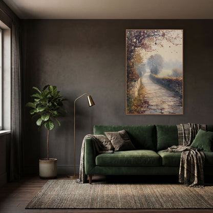 Misty Autumn Country Lane Landscape wall art in a moody dark academia room – misty autumn country lane curving between