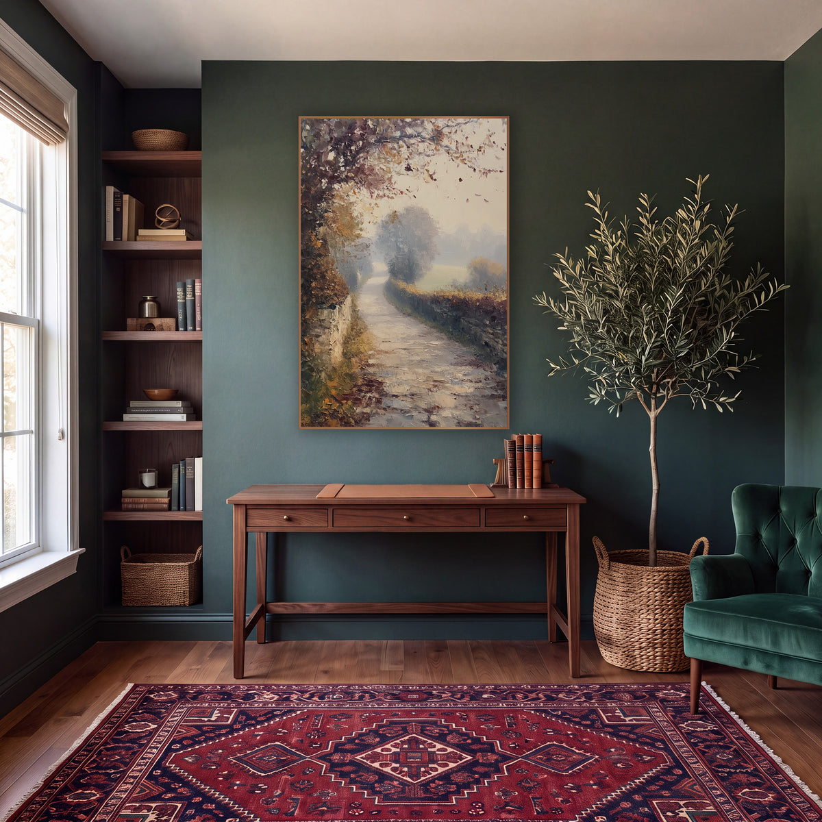 Misty Autumn Country Lane Landscape wall art in a moody dark academia room – misty autumn country lane curving between