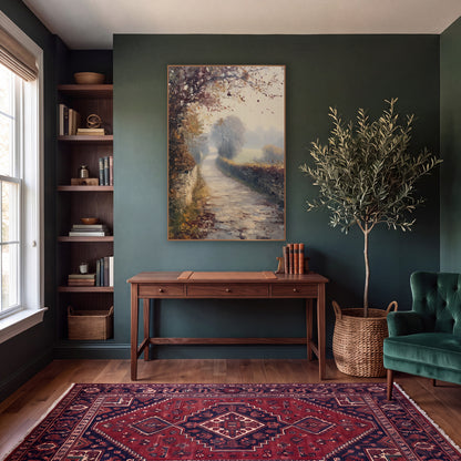 Misty Autumn Country Lane Landscape wall art in a moody dark academia room – misty autumn country lane curving between