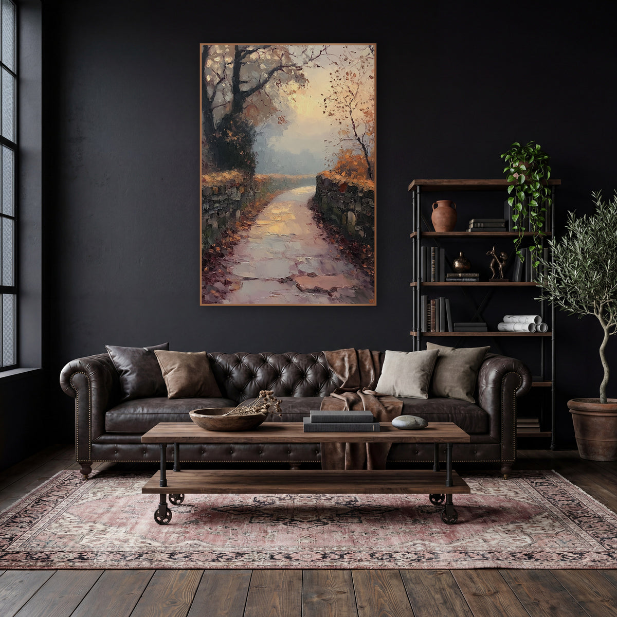 Puddled Stone Lane Glow Classic wall art in a moody dark academia room – misty autumn lane between dry stone walls
