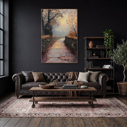 Puddled Stone Lane Glow Classic wall art in a moody dark academia room – misty autumn lane between dry stone walls