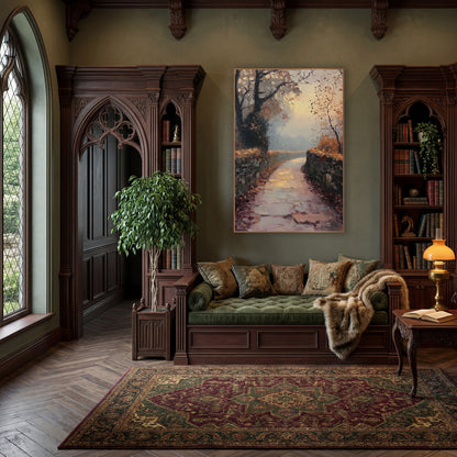 Puddled Stone Lane Glow Classic wall art in a moody dark academia room – misty autumn lane between dry stone walls