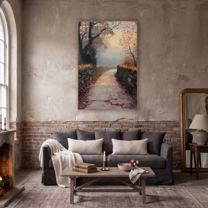 Puddled Stone Lane Glow Classic wall art in a moody dark academia room – misty autumn lane between dry stone walls