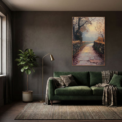 Puddled Stone Lane Glow Classic wall art in a moody dark academia room – misty autumn lane between dry stone walls