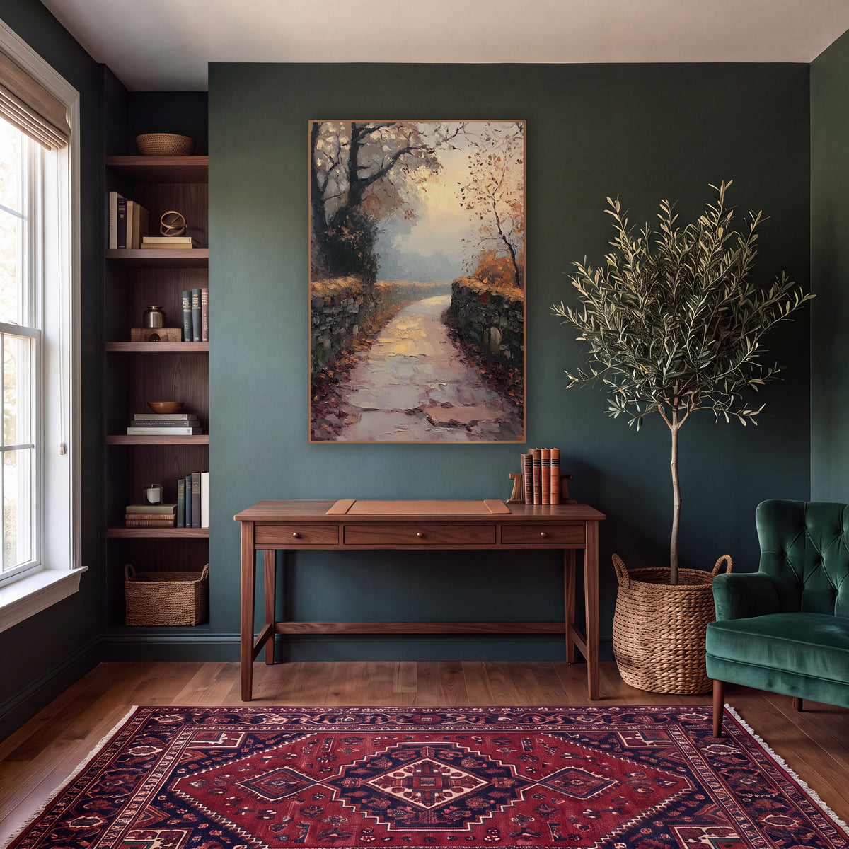 Puddled Stone Lane Glow Classic wall art in a moody dark academia room – misty autumn lane between dry stone walls