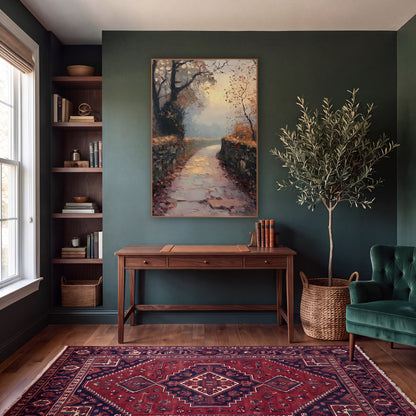 Puddled Stone Lane Glow Classic wall art in a moody dark academia room – misty autumn lane between dry stone walls