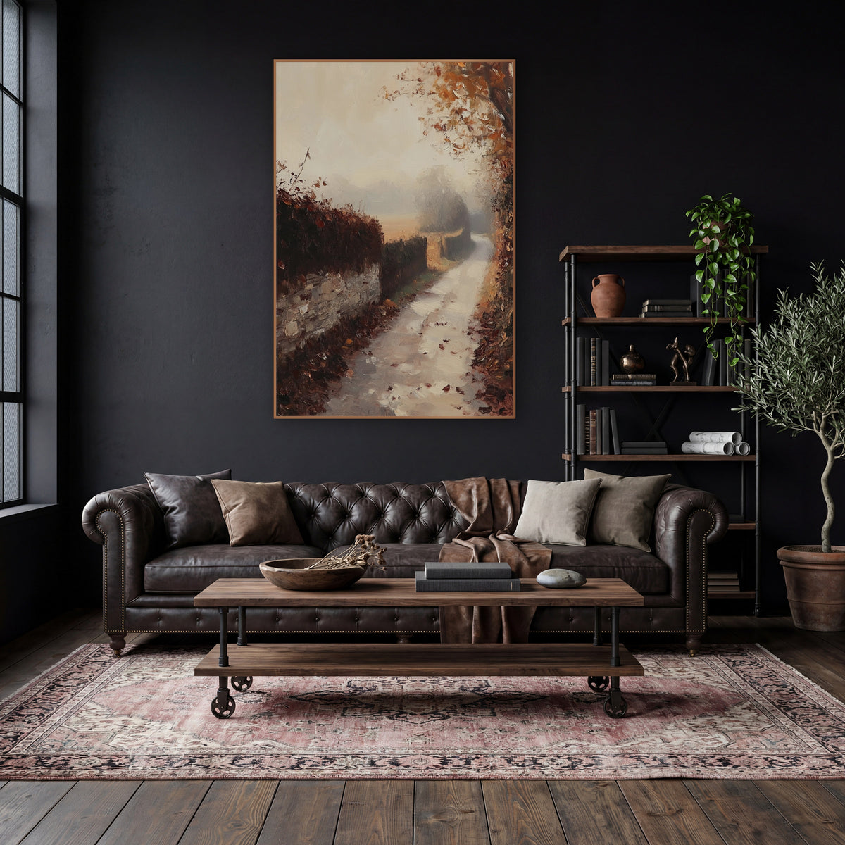 Foggy Hedgerow Leaf Lane Rustic wall art in a moody dark academia room – misty autumn lane beside a stone wall