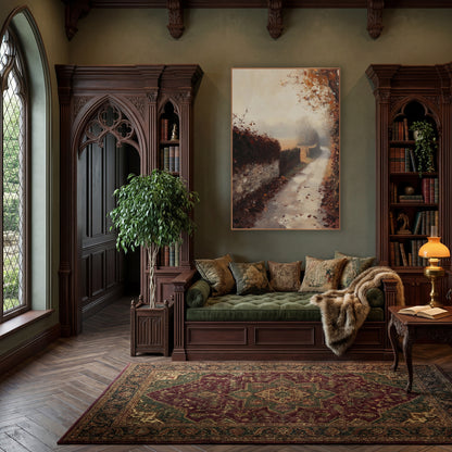 Foggy Hedgerow Leaf Lane Rustic wall art in a moody dark academia room – misty autumn lane beside a stone wall
