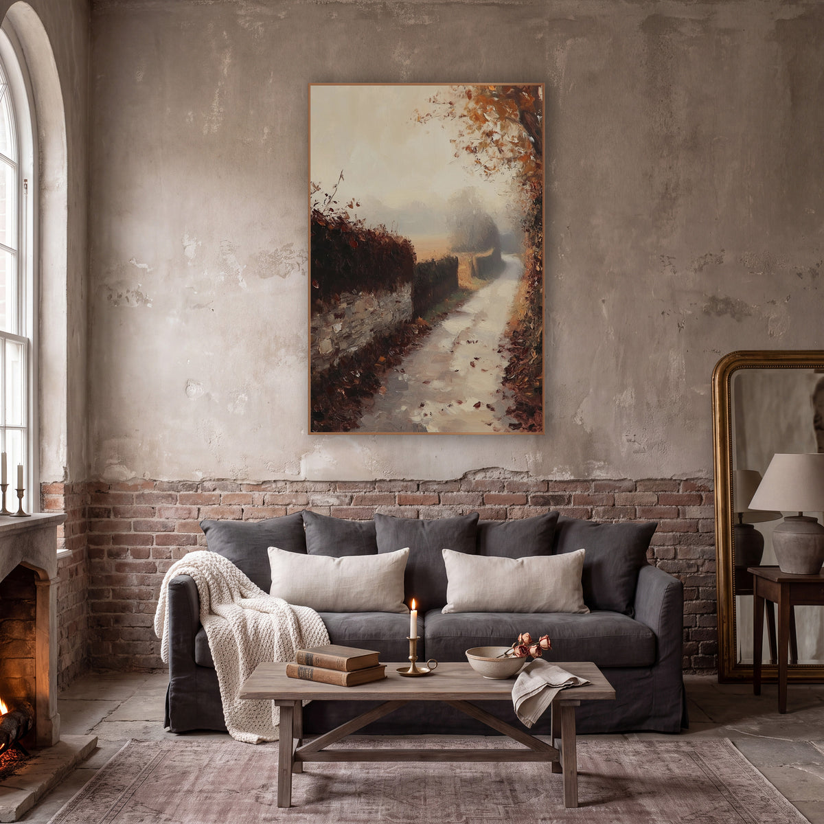 Foggy Hedgerow Leaf Lane Rustic wall art in a moody dark academia room – misty autumn lane beside a stone wall